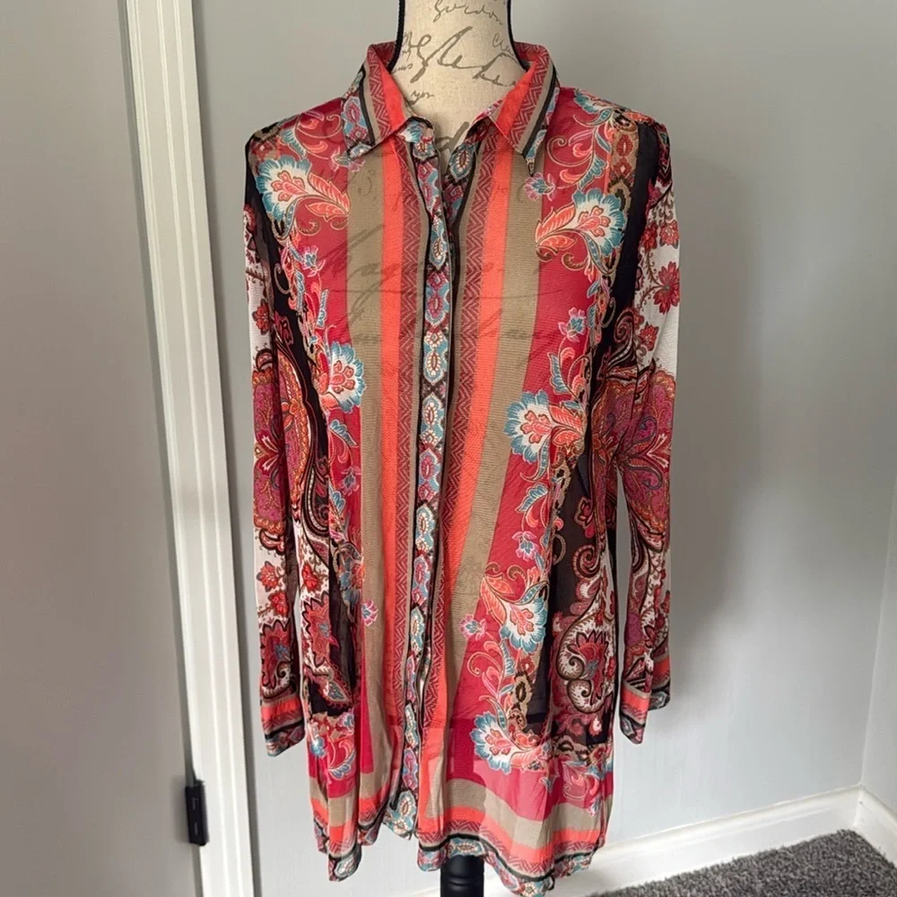 Chico's Travelers Tunic Top 12/14 Large Lightweight Paisley Stretch Boho Bright - Picture 3 of 8